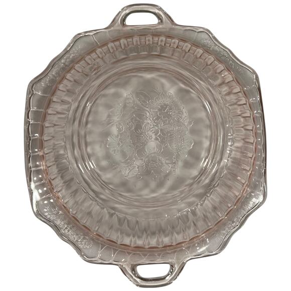 Vintage Pink Depression Glass Handled Bowl Floral Etched Centerpiece - Picture 10 of 16